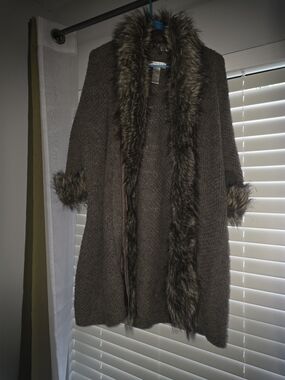 Kenar Taupe Brown Knit Open Cardigan with Faux Fur Trim